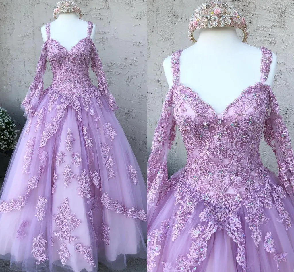 Long Sleeve Quinceanera Dress Prom Ball Gowns Lace Applique Beaded Cold Shoulder Corset Back Prom Sweet 16 Dress