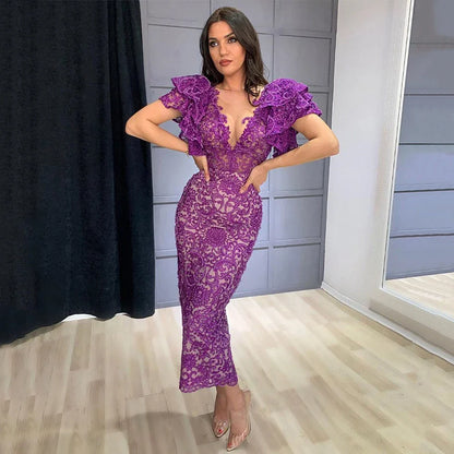 Elegant Purple Deep V Neck Lace Evening Dresses Tea Length Prom Gowns