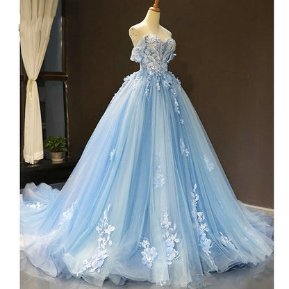 Sky Blue Prom Dresses Cheap 3D Flowers Applique Ball Gown Off Shoulder Corset Back Sweet 15 Quinceanera Dress C1780