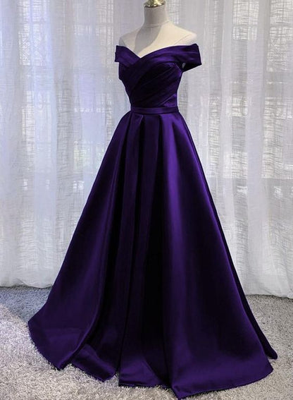 Simple Off Shoulder Satin Long Prom Dress, Dark Purple Party Dress Evening Gown C1673