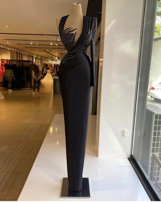 Black Sheath Beading Evening Dresses One Shoulder Long Sleeve Crystal Pleats Prom Dress Formal Party Gowns Custom Made C2198