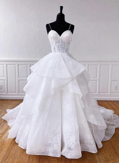 White tulle lace long prom gown formal dress C1840