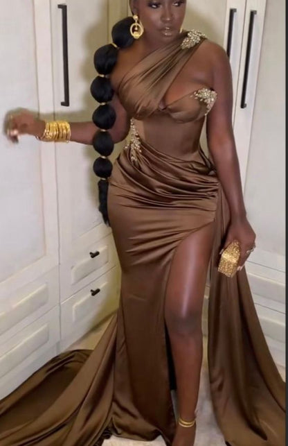 Long fitted mono strap elegant dress, wedding reception gown, shimmery prom dresses,high slit bridal dress, African women party dress c2805