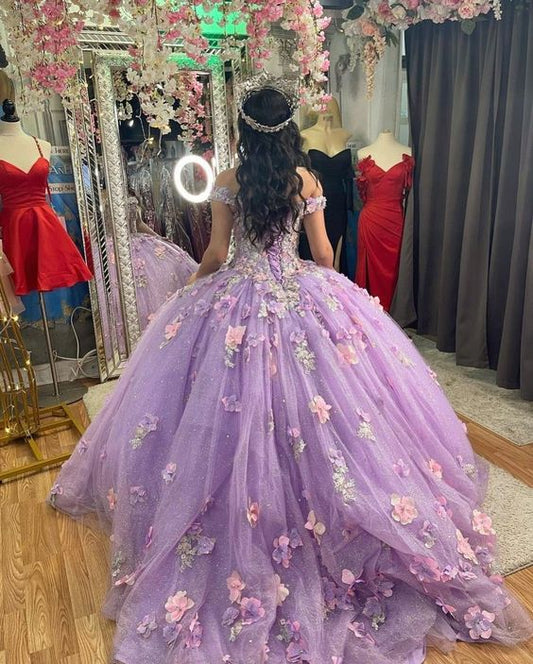 Lilac Quinceanera Dress With Flowers Ball Gown Sweet 16 Dress Elegant Tulle Ball Gown 3D Flowers Princess Evening Dress 15 Lovely c2755