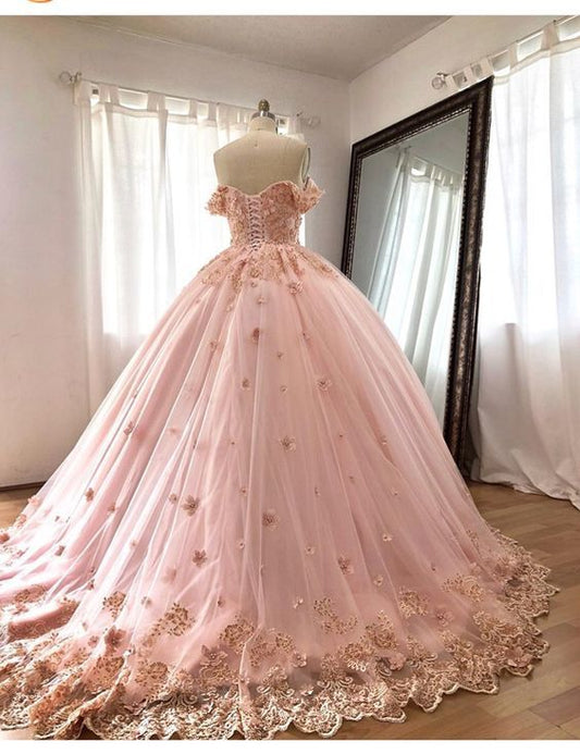 Pink Embroidered Lace Quinceanera Dresses Ball Gowns c2757