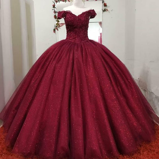 Burgundy Off the Shoulder Quinceanera Dresses Ball Gown Lace Prom Sweet 16 Dress c2768