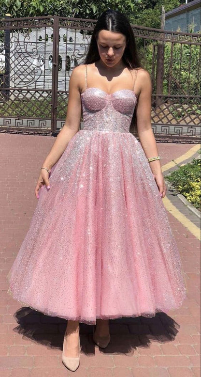 Sparkly prom party dresses midi length ball gown sweetheart spaghetti straps c2788