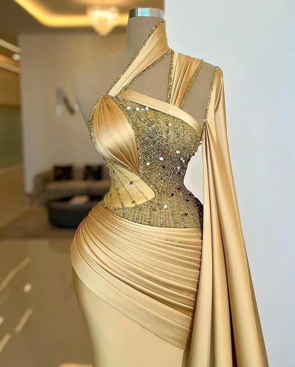 Gold Sparkle Crystals Sequins Beading Evening Dresses Arabic Aso Ebi Unique One Shoulder With Wrap Prom Party Gowns