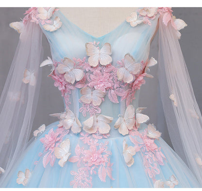 Cute Blue Fairy Butterfly Lace Ball Gown Prom Dress, Sweet 16 Party Dress