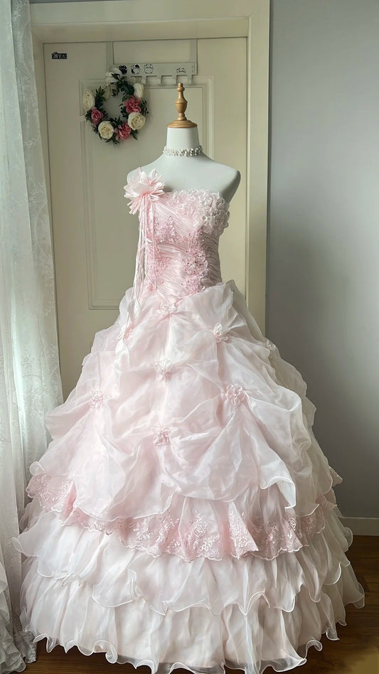 Pretty Prom Dress Strapless Pleated Flower Ball Gown Birthday Party Dress Evening Dress     D4141