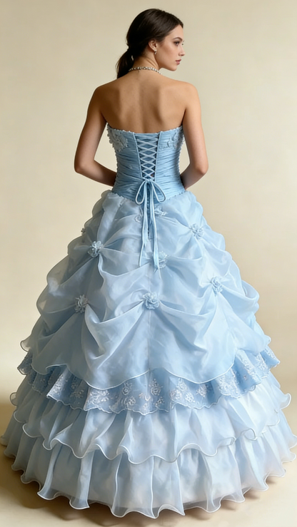Pretty Prom Dress Strapless Pleated Flower Ball Gown Birthday Party Dress Evening Dress     D4141
