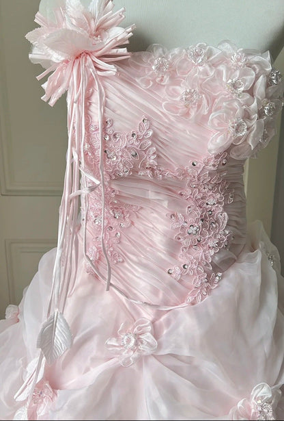 Pretty Prom Dress Strapless Pleated Flower Ball Gown Birthday Party Dress Evening Dress     D4141