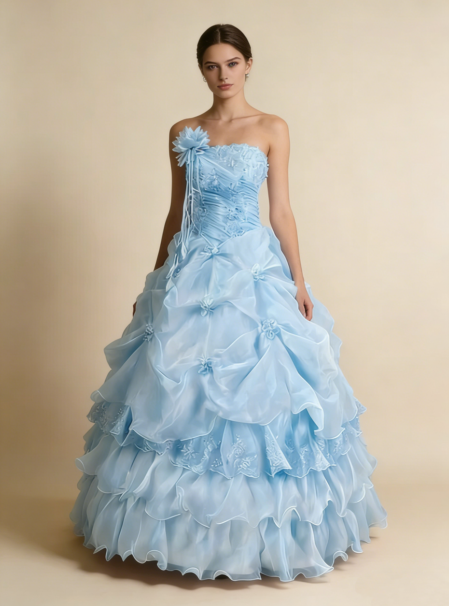 Pretty Prom Dress Strapless Pleated Flower Ball Gown Birthday Party Dress Evening Dress     D4141