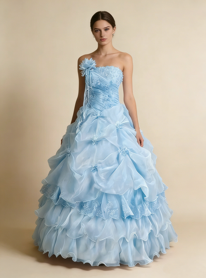 Pretty Prom Dress Strapless Pleated Flower Ball Gown Birthday Party Dress Evening Dress     D4141