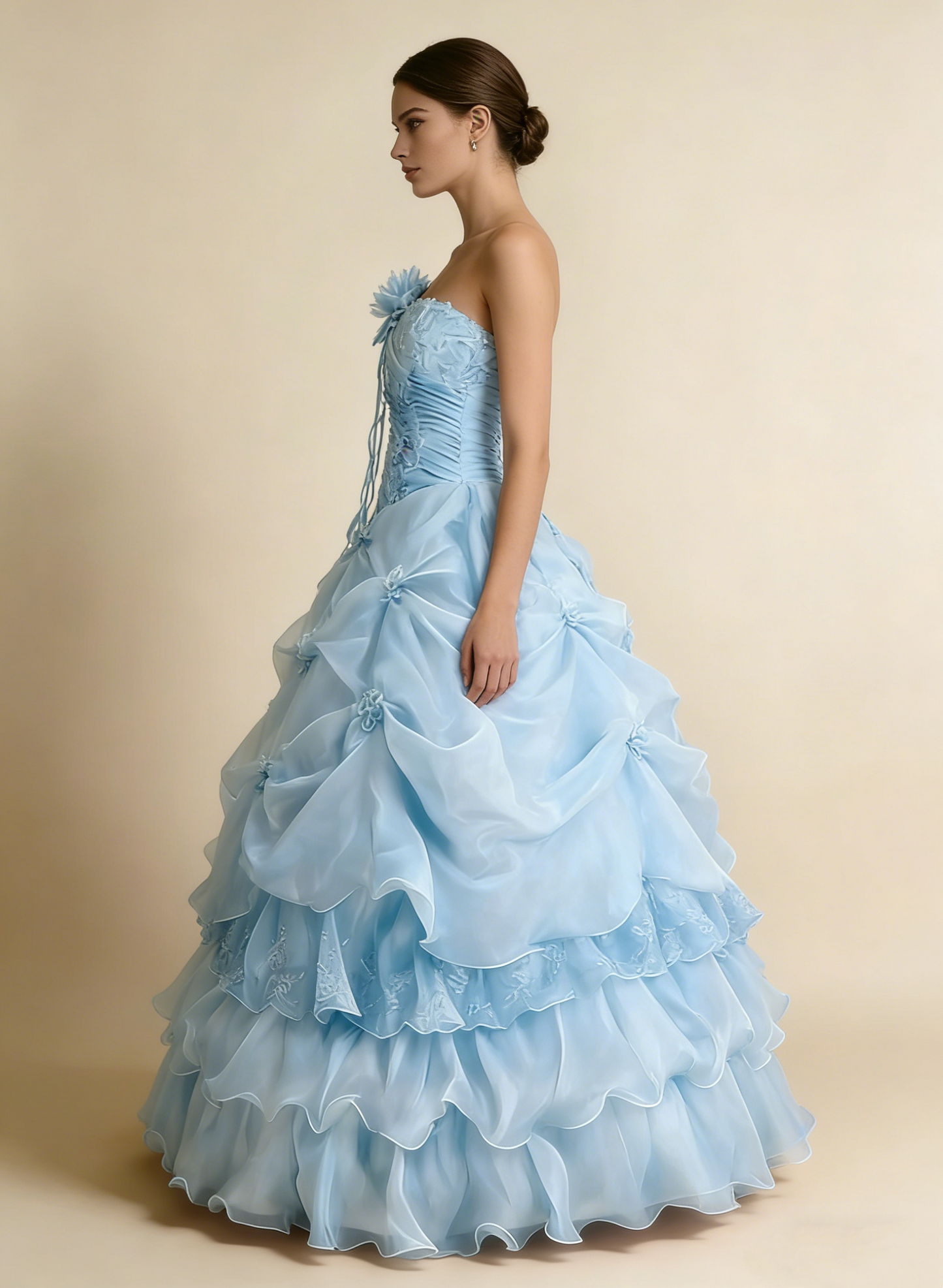 Pretty Prom Dress Strapless Pleated Flower Ball Gown Birthday Party Dress Evening Dress     D4141
