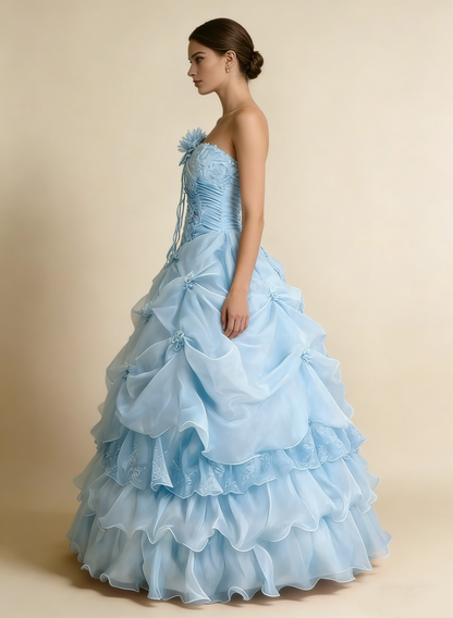 Pretty Prom Dress Strapless Pleated Flower Ball Gown Birthday Party Dress Evening Dress     D4141