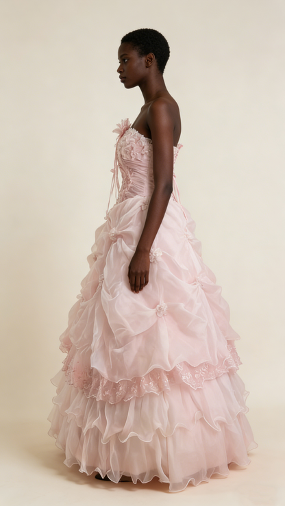 Pretty Prom Dress Strapless Pleated Flower Ball Gown Birthday Party Dress Evening Dress     D4141