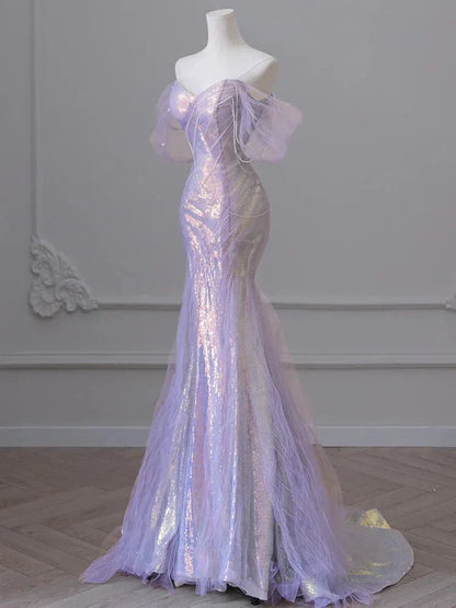 Purple�����?Sweetheart Sequin Mermaid Gowns-Fairytale Beaded Tulle Train Long Prom Dresses For Events