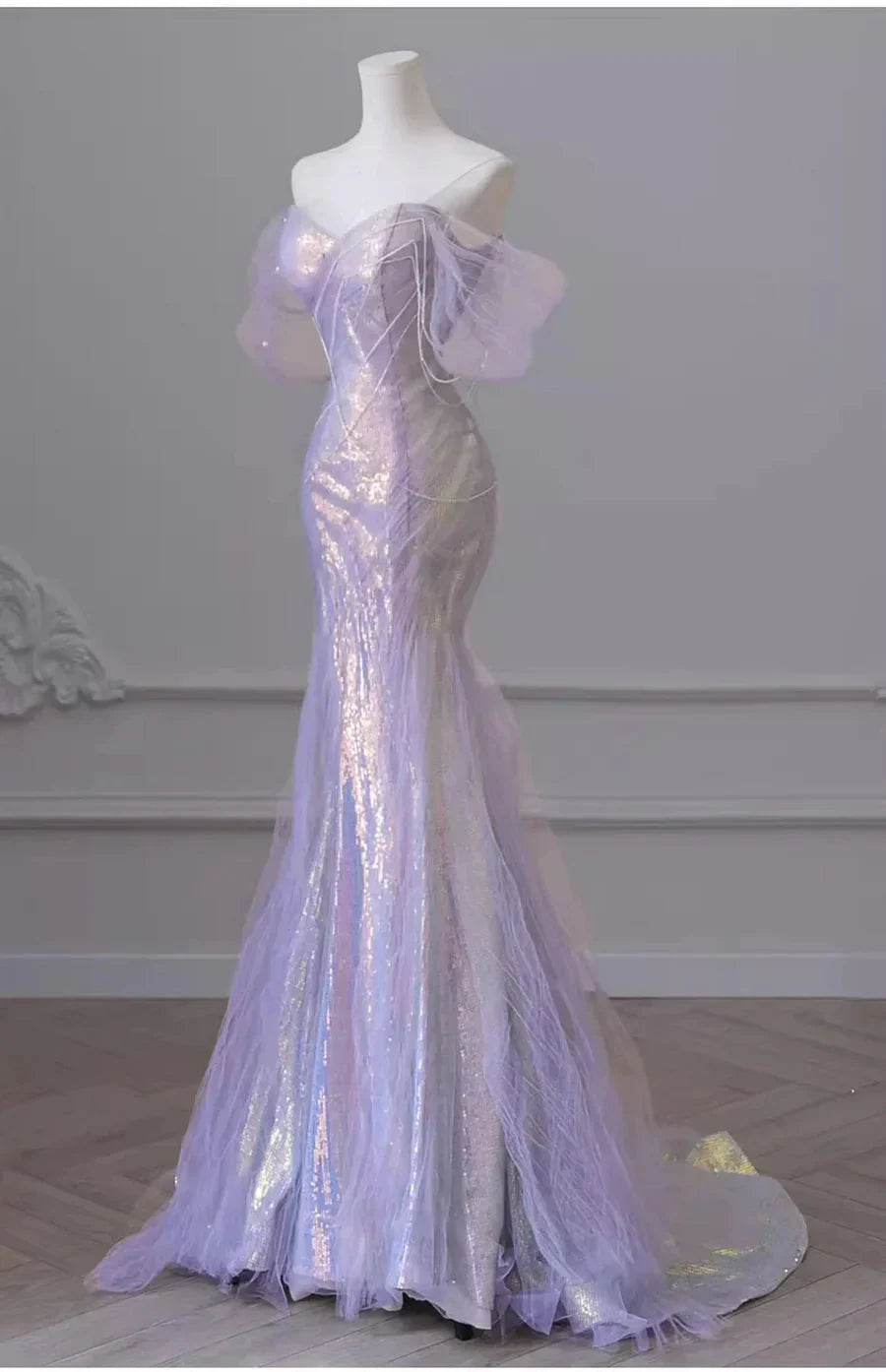 Purple�����?Sweetheart Sequin Mermaid Gowns-Fairytale Beaded Tulle Train Long Prom Dresses For Events