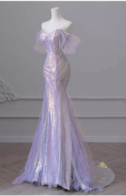 Purple�����?Sweetheart Sequin Mermaid Gowns-Fairytale Beaded Tulle Train Long Prom Dresses For Events