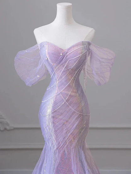 Purple�����?Sweetheart Sequin Mermaid Gowns-Fairytale Beaded Tulle Train Long Prom Dresses For Events