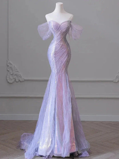 Purple�����?Sweetheart Sequin Mermaid Gowns-Fairytale Beaded Tulle Train Long Prom Dresses For Events