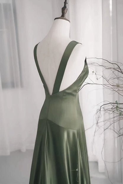 Dark Green V-neckline Low Back A-line Prom Dress, Dark Green Formal Dress