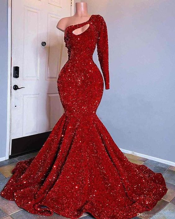 Red Sequined Mermaid Prom Dresses One Shoulder Long Sleeve Sequined Keyhole Prom Gown