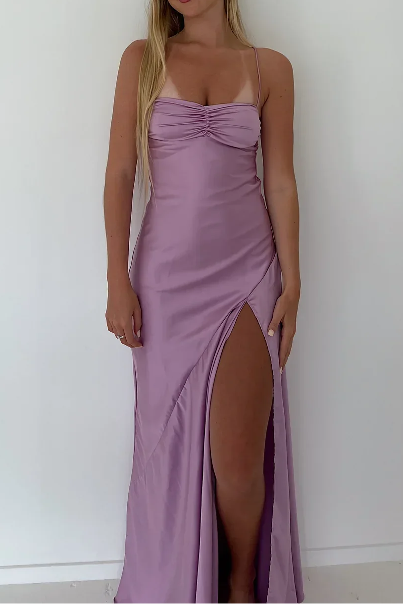Vintage Satin Spaghetti Strap Ruched High Slit Prom Gowns