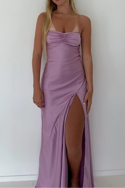 Vintage Satin Spaghetti Strap Ruched High Slit Prom Gowns