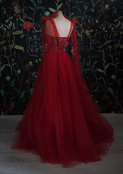 Red Velvet Prom Dresses Tulle Prom Gown