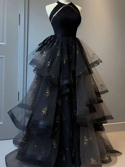 Retro Ball Gowns Scoop Neckline Black Tulle Prom Dress Prom Dress