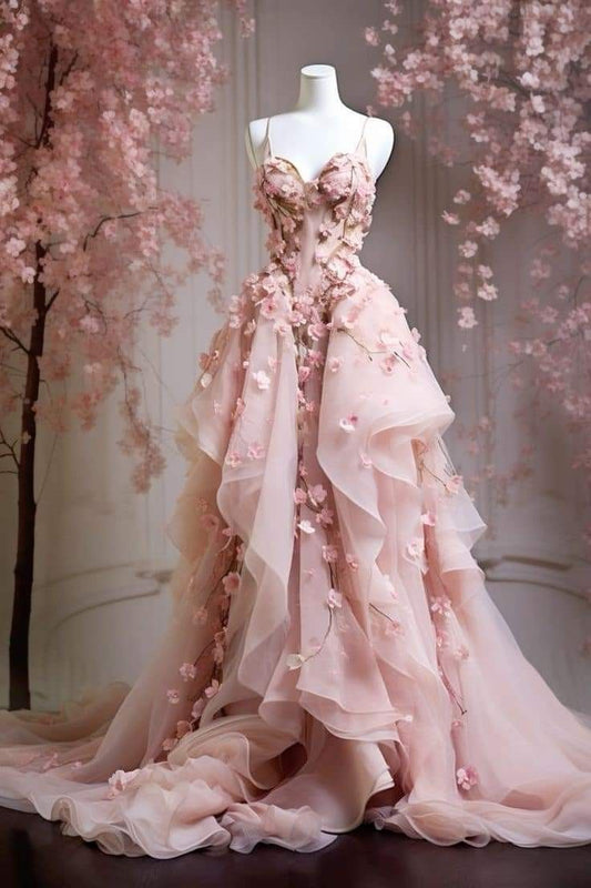 Retro Ball Gowns Spaghetti Straps Pink Floral Tulle Prom Dress