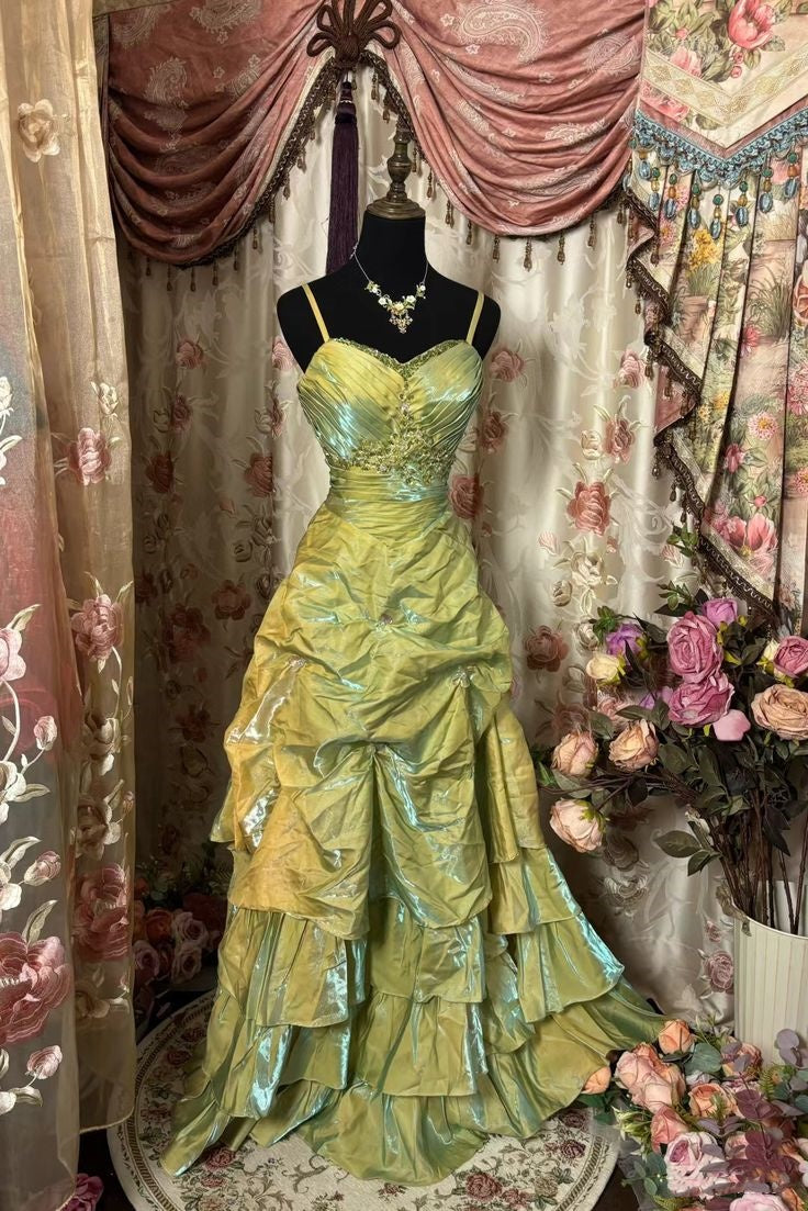 Retro Ball Gowns Straps Satin Sage Green Long Prom Dress