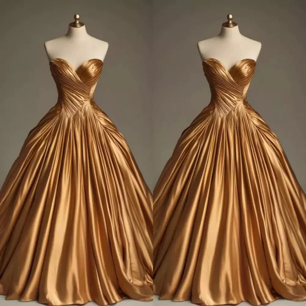 Retro Ball Gowns Sweetheart Satin Gold Prom Dress Prom Dress