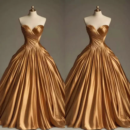 Retro Ball Gowns Sweetheart Satin Gold Prom Dress Prom Dress