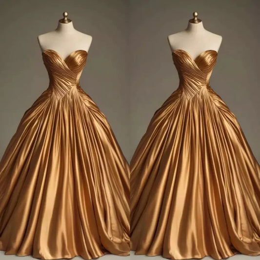 Retro Ball Gowns Sweetheart Satin Gold Prom Dress Prom Dress