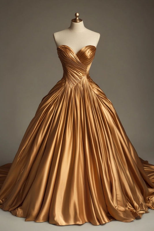 Retro Ball Gowns Sweetheart Satin Gold Prom Dress Prom Dress