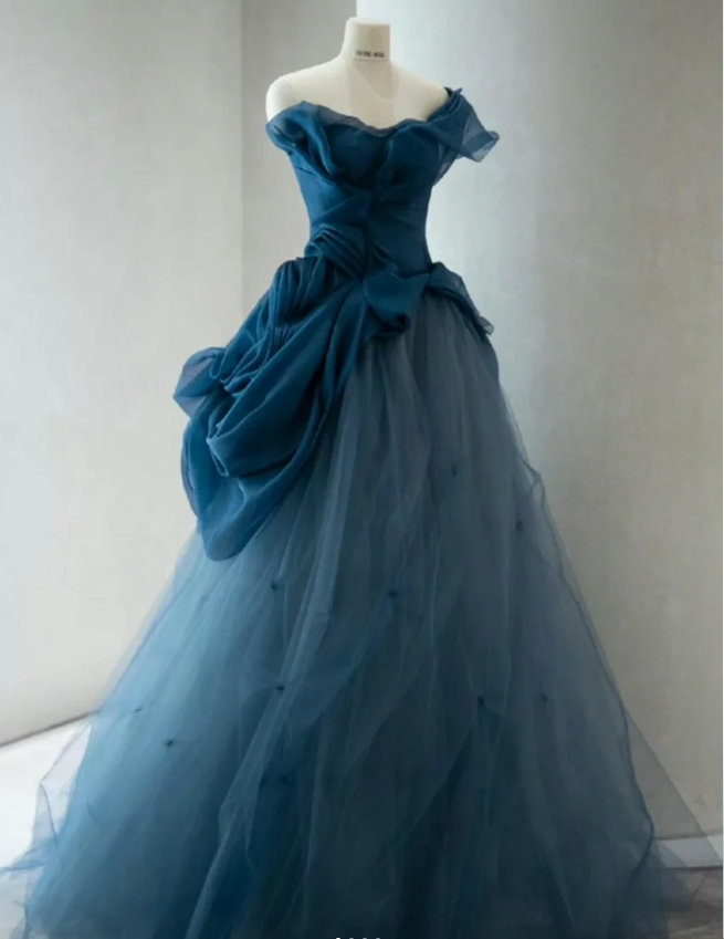 Retro Elegant Navy Blue One-Shoulder Tulle Long Ball Gown Evening Dresses