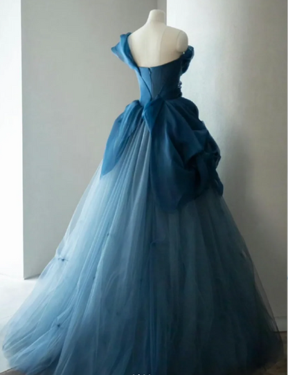 Retro Elegant Navy Blue One-Shoulder Tulle Long Ball Gown Evening Dresses