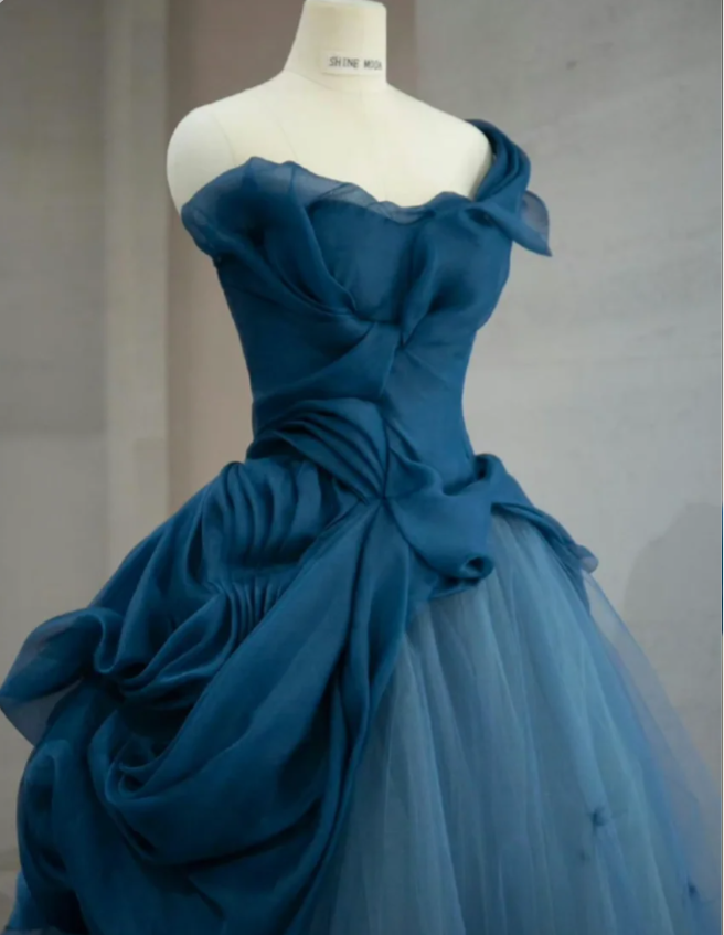 Retro Elegant Navy Blue One-Shoulder Tulle Long Ball Gown Evening Dresses