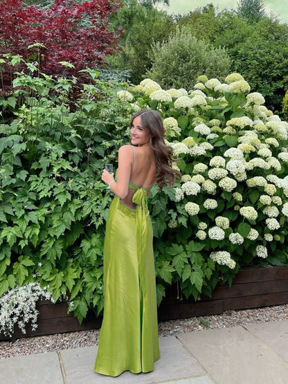 Green Sweetheart Straps A-line Long Party Dress, Chic Green Satin Prom Dress