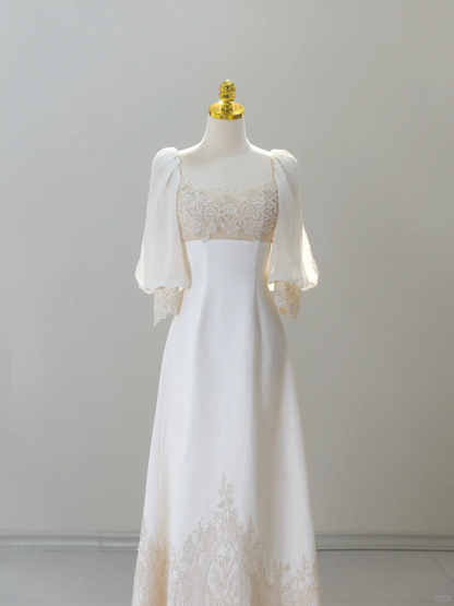 Romantic Wedding Gowns Bridal Dress A Line Square Neck Satin Wedding Dress Ivory Wedding Dresses Modest Wedding Gown