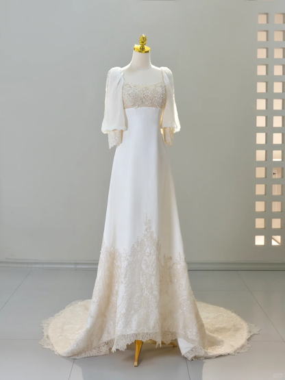 Romantic Wedding Gowns Bridal Dress A Line Square Neck Satin Wedding Dress Ivory Wedding Dresses Modest Wedding Gown