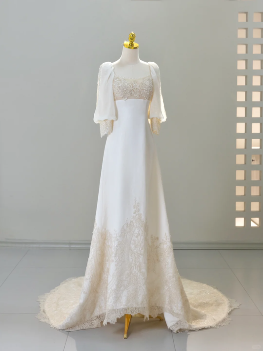 Romantic Wedding Gowns Bridal Dress A Line Square Neck Satin Wedding Dress Ivory Wedding Dresses Modest Wedding Gown
