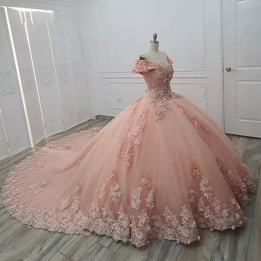 Pink Quinceanera Dress Sweet 16 Beaded Off Shoulder 3D Floral Ball Gown Quinceanera Dresses