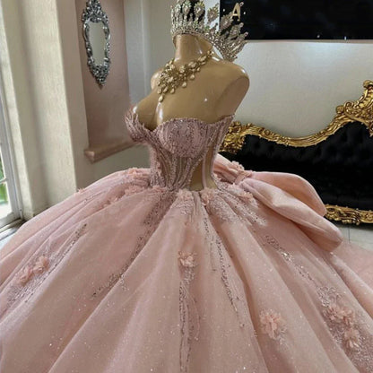 Pink Quinceanera Dress Sweet 15 16 Bow Beaded 3D Floral Glitter Ball Gown Quinceanera Dresses
