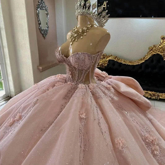 Pink Quinceanera Dress Sweet 15 16 Bow Beaded 3D Floral Glitter Ball Gown Quinceanera Dresses