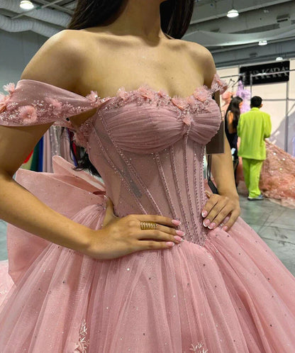 Pink Quinceanera Dress Ball Gown Applique 3D Flower Sweet 16 Party Prom Dress