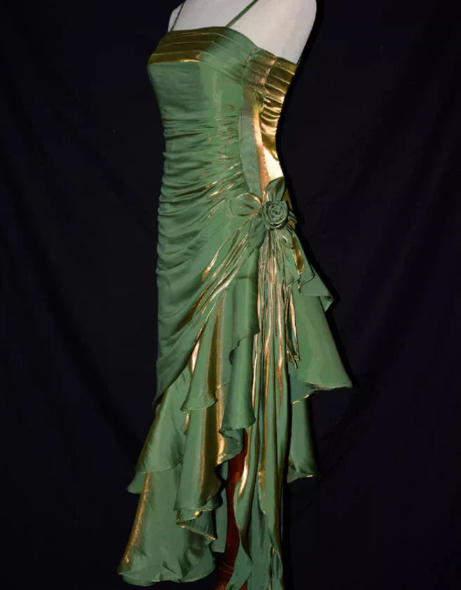 Green Retro Fashion Spaghetti Straps Long Irregular Ruffle Elegant Satin Ball Gowns, Prom Dress